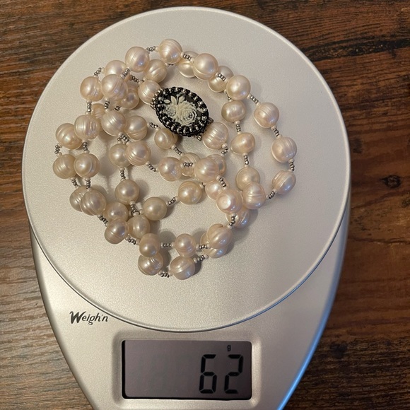 Exquisite fresh water pearls sautoir black rose silver sterling beads cameo - Picture 3 of 3